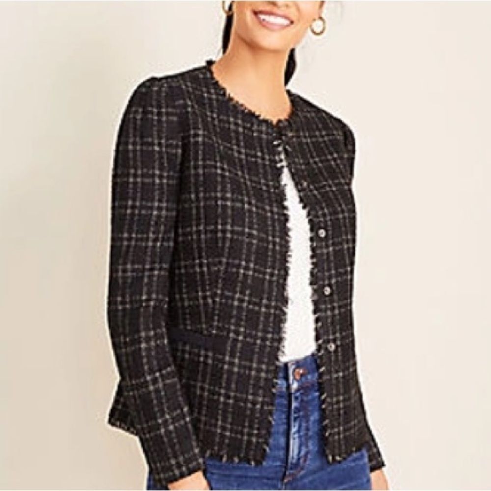 Ann Taylor Shimmer Plaid Fringe Tweed Jacket sz 8